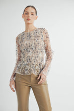 Cream Sheer Smocked Embroidered Mesh Peplum Top