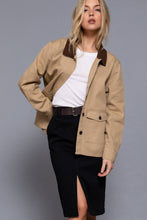 Olive Long Sleeve Corduroy Collar Detail Cotton Twill Work Jacket