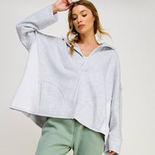 V-NECK POLO OVERSIZED PULLOVER SWEATSHIRT TOP-FZ0015-D2: HEATHER GREY / S