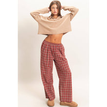 Dark Red Elastic Waist Plaid Pants