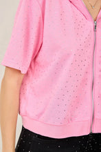 IJ3526 Rhinestone-Adorned Short Sleeve Zip-Up Hoodie Jacket: Black / L