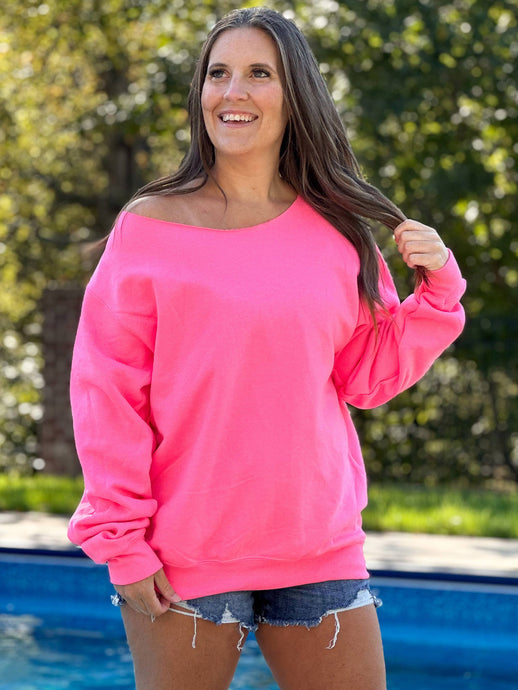 Neon Pink Raw Edge Off Shoulder Sweatshirt