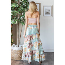Blue Washed Plaid Flower Patchwork Slit Oli+Hali Maxi Skirt