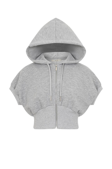 Grey Elise Hooded Knit Dolman Short Sleeve Zip