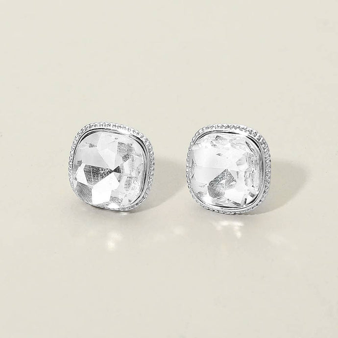 Clear Silver Cushion-cut Faceted Iridescent Stone Stud Earrings