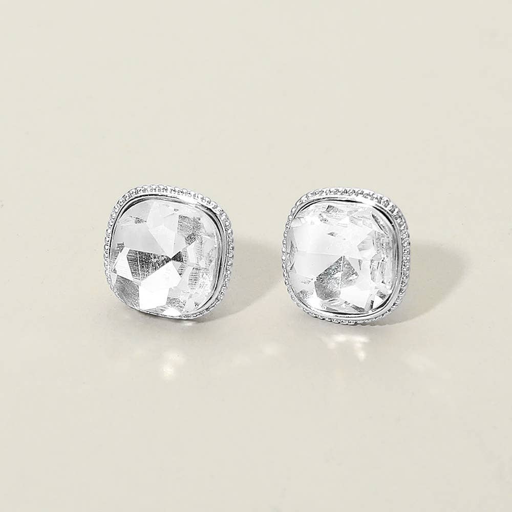Clear Silver Cushion-cut Faceted Iridescent Stone Stud Earrings