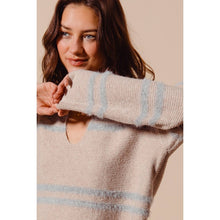 FUZZY HAIRY STRIPE DEEP U NECK SWEATER TOP: MUSTARD/DT BLUE / XL