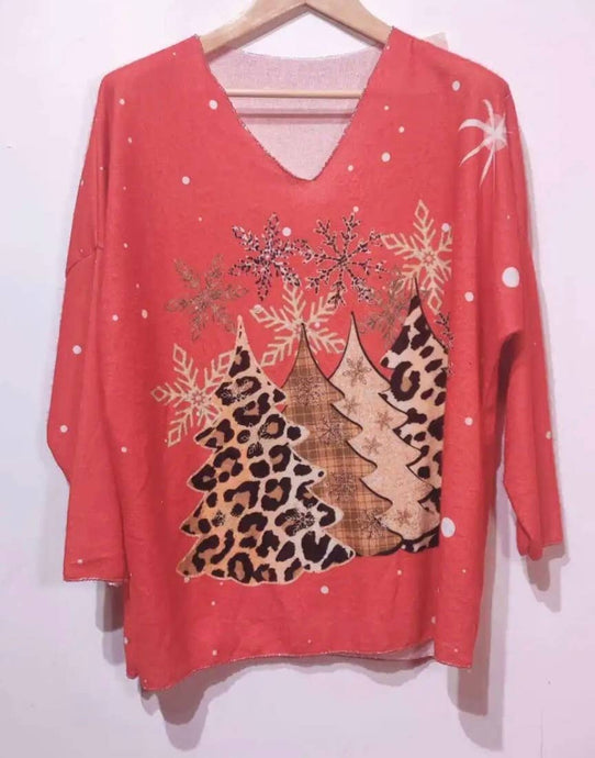 Italian Cozy Red  Trees Sweater