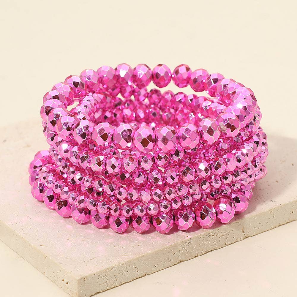 Fuchsia Faceted Beaded Stretch Multi Layered Bracelets