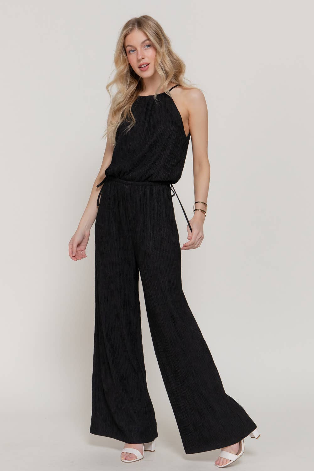 Black Halter Neck Crinkle Knit Jumpsuit