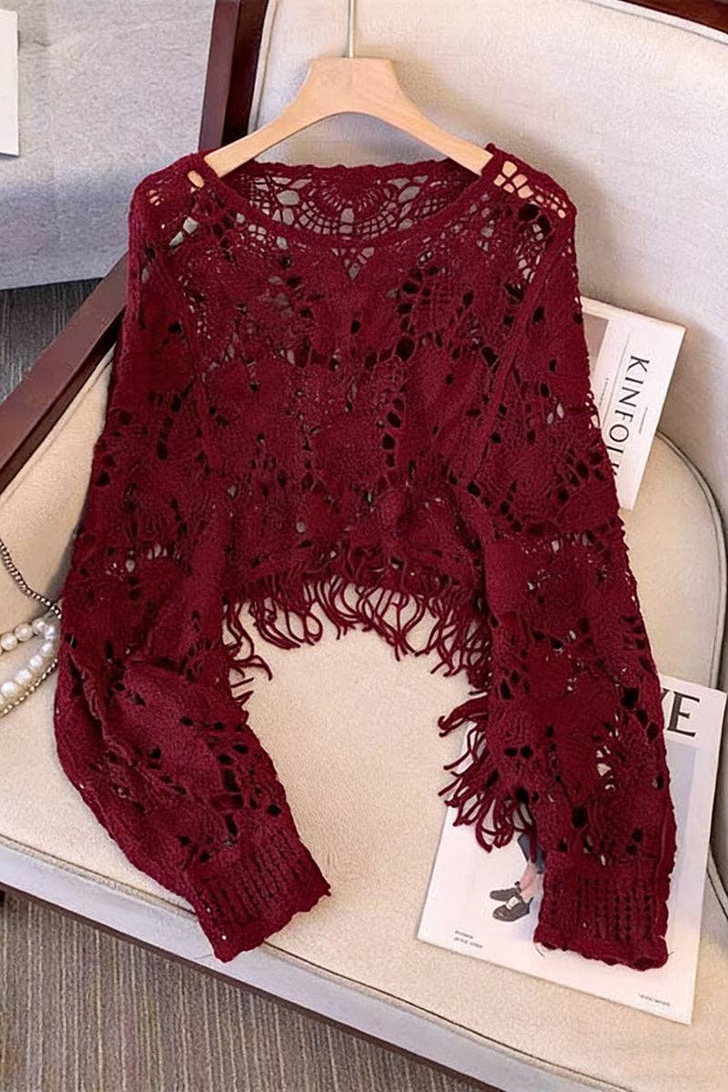 Wine Elegant Cropped Open-Knit Top