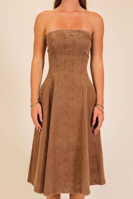 Mocha Strapless Stretch Denim Midi Dress