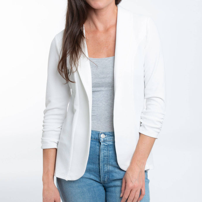 White Dove Ruched Stretch 3/4  Sleeve Crepe Blazer
