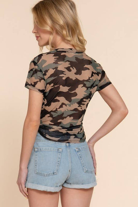 Black Khaki Short Sleeve Crew Neck Knotted Camo Print Mesh Mesh Top