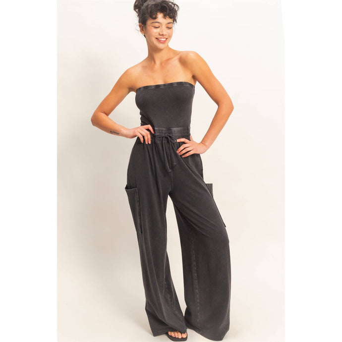 Black Mineral Wash Strapless Wide-Leg Jumpsuit