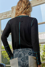 Black Round neck solid cut and sew knit mix knit POL top