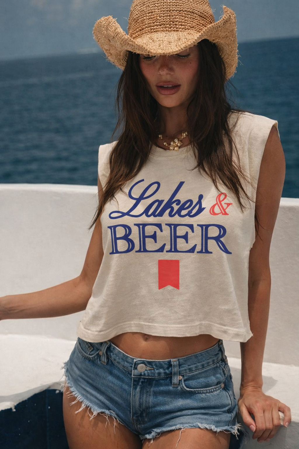 Cream Lakes & Beer Boxy Midriff Muscle top
