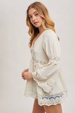 Ecru Lace Trimmed Bell Sleeve V Neck Blouse