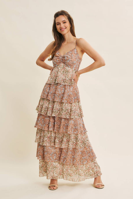 Clay Multi Romantic Story Cascasing Teired Ruffle Smocked Maxi Dress