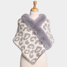 Beige Faux Fur Trim Leopard Pattern Shawl Wrap
