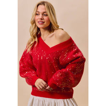 Red Christmas Sequins V Neck Sweater