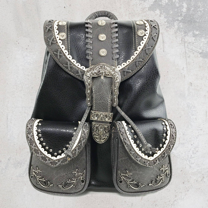 Black Western Leather Buckle Backpack: