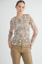 Cream Sheer Smocked Embroidered Mesh Peplum Top