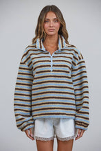 Blue Brown Relaxed Sherpa Striped Half Zip Pullover