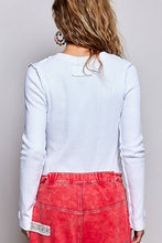Off White Solid Half Placket Vintage Washing Long Sleeve Knit POL Top