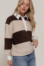 Cream Brown Long Sleeve Rugby Stripe Fleece Polo Top