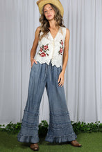 Washed Denim Flared Ruffle Hem Washed Chambray Crop Denim Pants