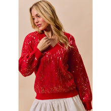 Red Christmas Sequins V Neck Sweater