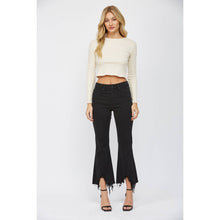 Black High Rise Crop Flare Mica Denim Jeans with Uneven Hem