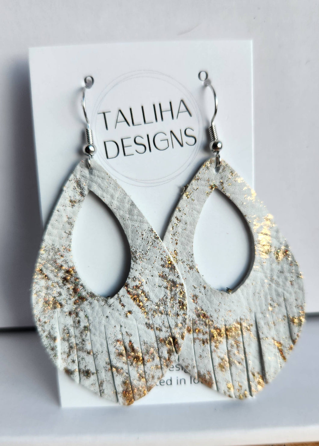 White & Gold Western Boho Genuine Leather Fringe Earrings