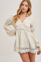 Ecru Lace Trimmed Bell Sleeve V Neck Blouse
