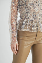 Cream Sheer Smocked Embroidered Mesh Peplum Top