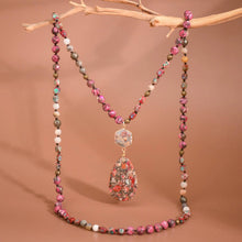 Rose Stone Beaded Long Necklace, Large Stone Pendant