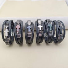 Stone Cross Charm 3 Layer Leather Men's Bracelet