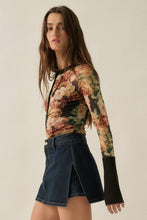 Black Floral Mesh Split-Cuff Raglan-Sleeve Henley Top