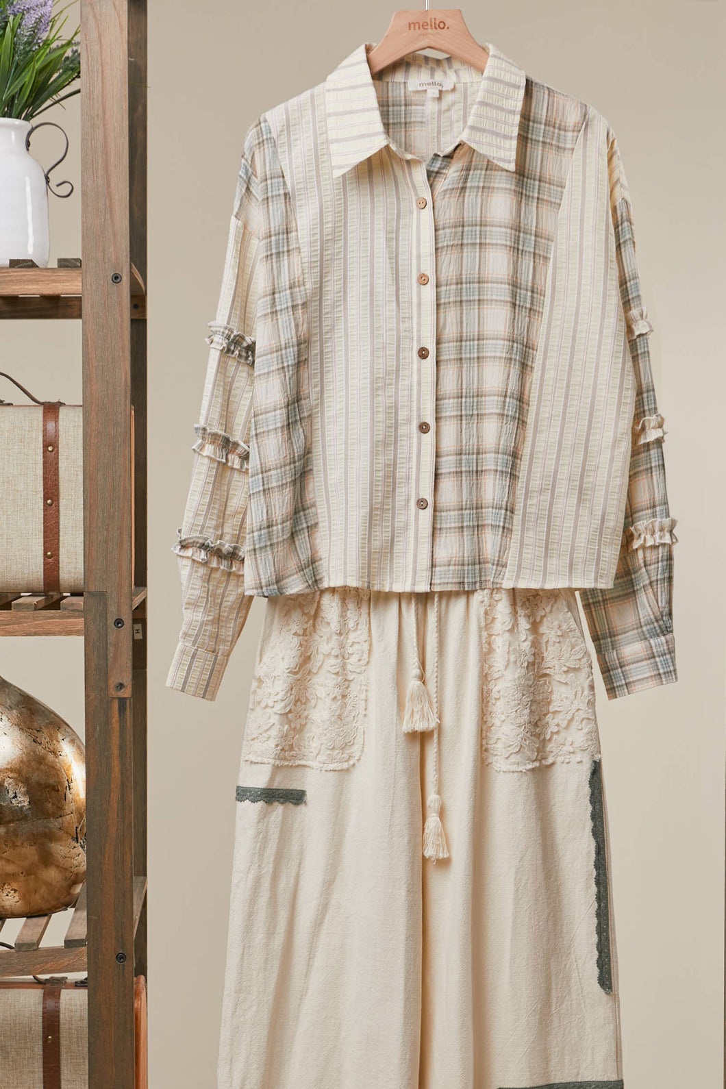 Beige Bohemian Lace Panel Mixed Stripe Shirt