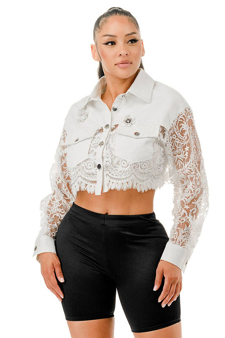White Pearl Brooch & Lace Sleeve Cropped Denim Jacket