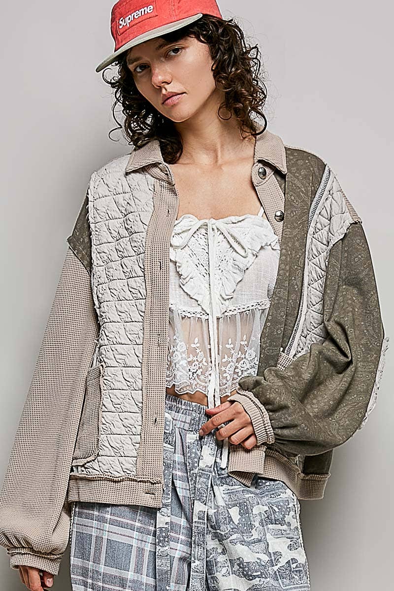 Beige Multi Floral Animal Print Contrast Color Block Quilted POL Jacket