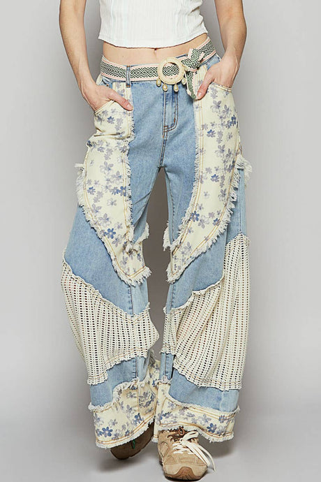 Denim Floral print crochet contrast casual POL jeans