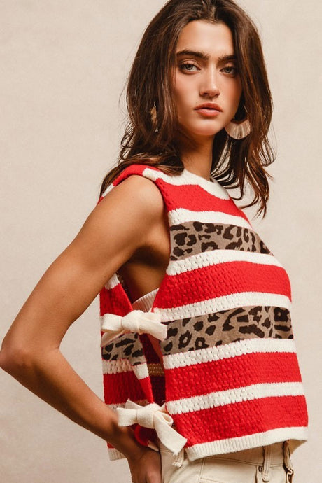 Red Leopard Color Block Striped Side Tied Bibi Sweater Vest 6/3/25 9959