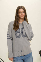 Oatmeal Distressed Long Sleeve Varsity Knit Top