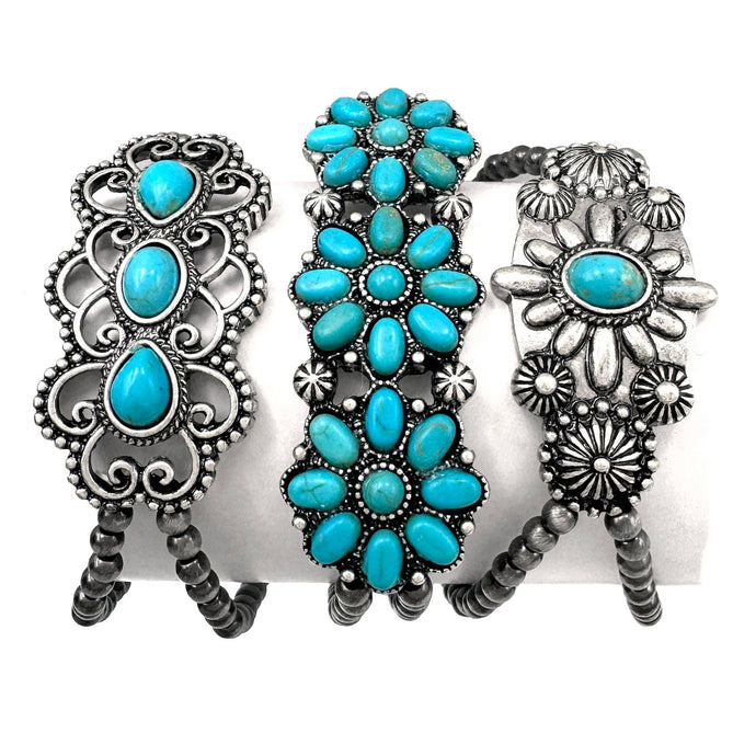 Navajo Turquoise Cabochon Flower 3 Piece Stretch Bracelet: Turquoise
