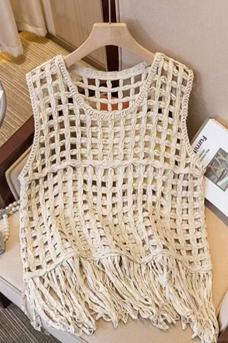 Beige Fringe Open Weave Sleeveless Vest