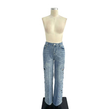 Blue Lace Cutout Rhinestone Denim Pants