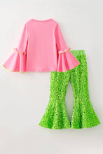 Merry Grinchmas pink bell sleeve top and green sequins bell bottoms
