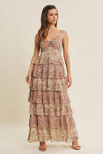 Clay Multi Romantic Story Cascasing Teired Ruffle Smocked Maxi Dress